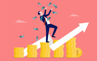 Business money growth - Person standing on stack of coins throwing cash in air with arrow pointing up. Economic success concept, vector illustration.
