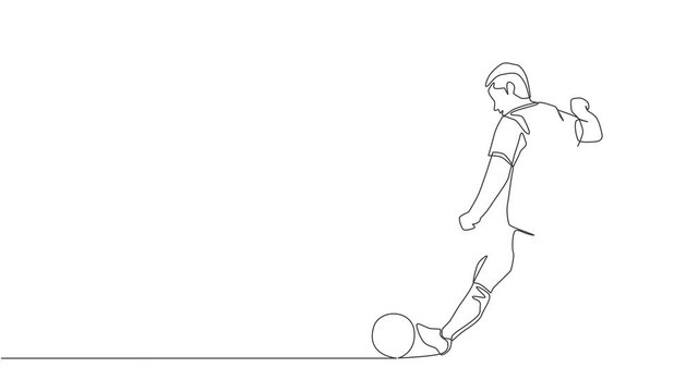 Animation of one single line drawing of young energetic football striker take a free kick shoot at the game. Soccer match sports concept. Continuous line self draw animated. Full length motion.