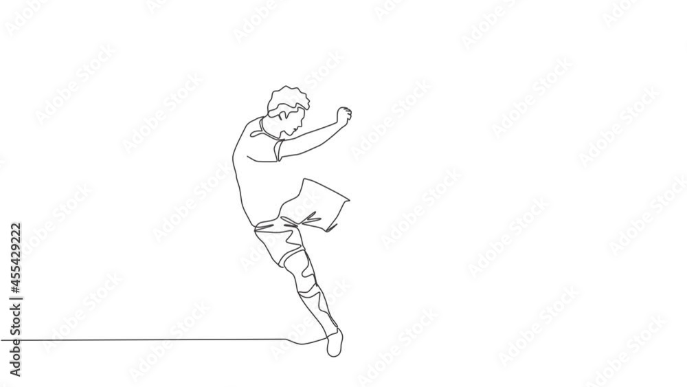 Poster animated self drawing of one continuous line draw young talented football player shooting the ball w