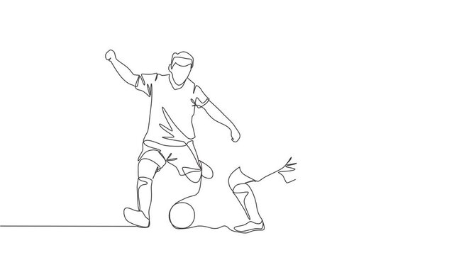 Animated self drawing of one continuous line draw young energetic football striker dribbling ball pass the opponent defender. Soccer match sports concept. Full length single line animation.