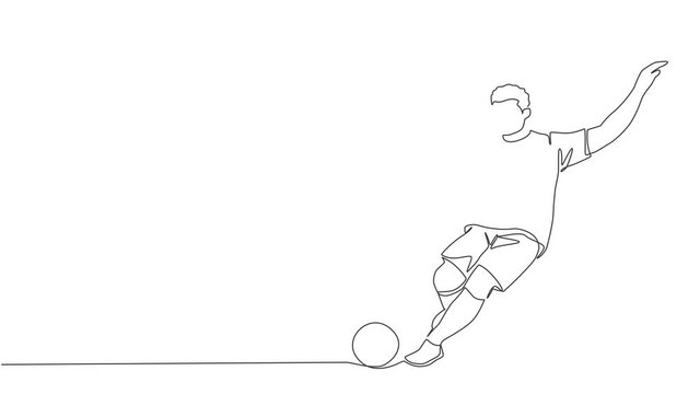 Animated self drawing of one continuous line draw young talented football player take a free kick. Soccer match sports concept. Full length single line animation illustration.