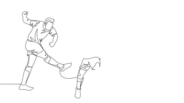 Animated self drawing of one continuous line draw young football striker shooting the ball and the defender blocking the ball. Soccer match sports concept. Full length single line animation.
