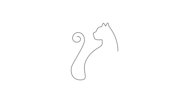 Animated self drawing of one continuous line draw simple cute cat kitten icon. Mammals animal logo emblem vector concept. Full length single line animation illustration.