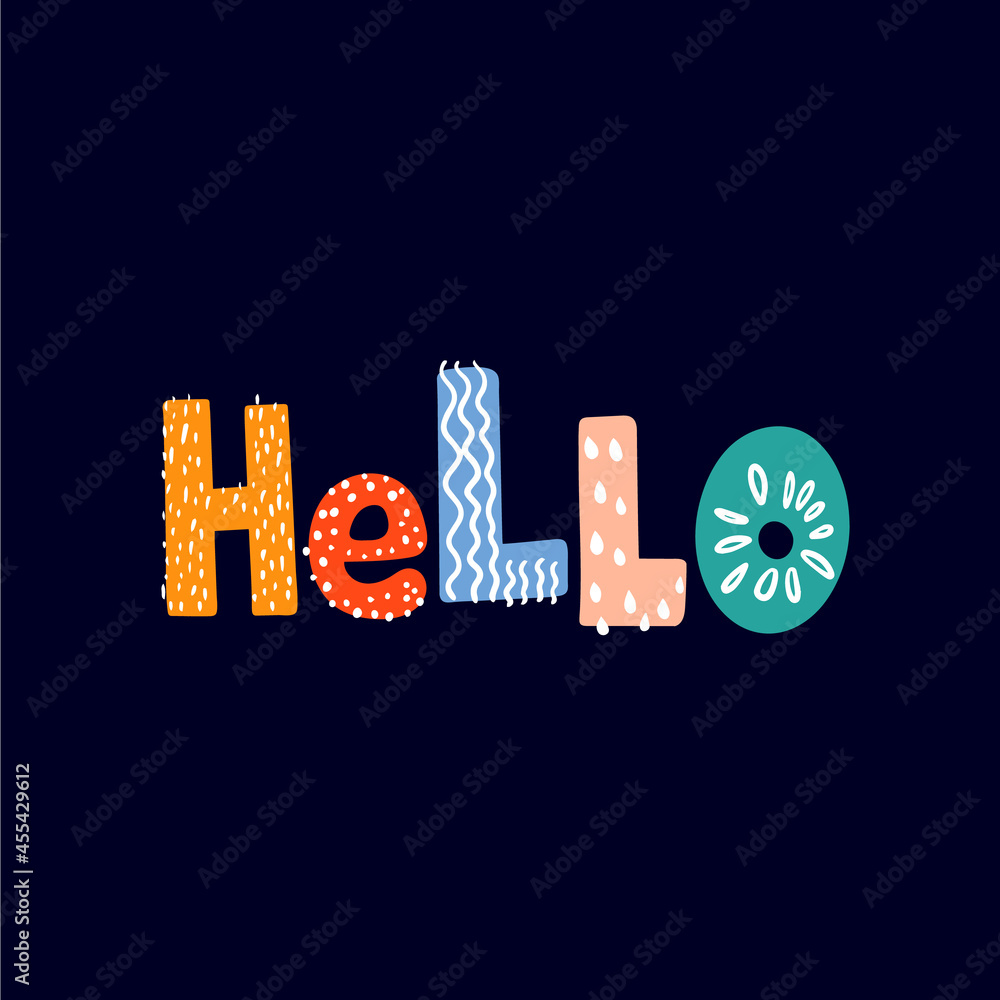 Fototapete text hello is made in multicolored letters on black