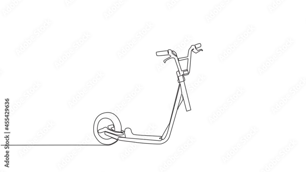 Poster animation of one single line drawing of kick scooter logo. modern urban vehicle concept. continuous 