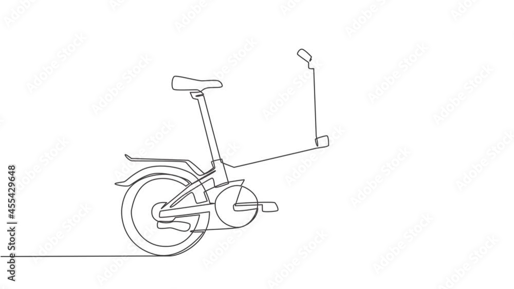Poster animated self drawing of single continuous line draw folding bicycle logo. two cycle transportation 