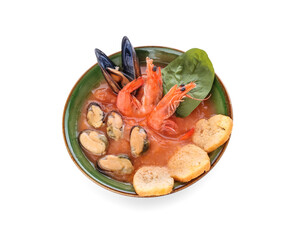 Bowl of tasty Cacciucco soup on white background