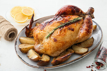Plate with baked chicken, lemon and spices on light background, closeup