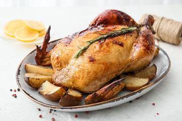 Plate with baked chicken and potato on light background, closeup