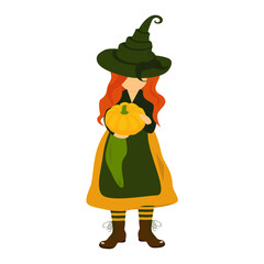 Vector illustration of a red-haired witch in a pointed hat holding a pumpkin isolated on a white background.