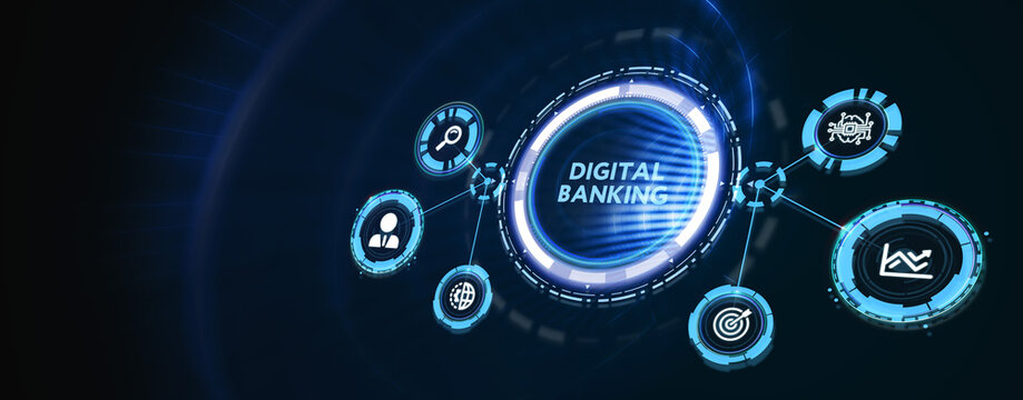 Business, Technology, Internet And Networking Concept. Digital Banking On The Virtual Display. 3d Illustration