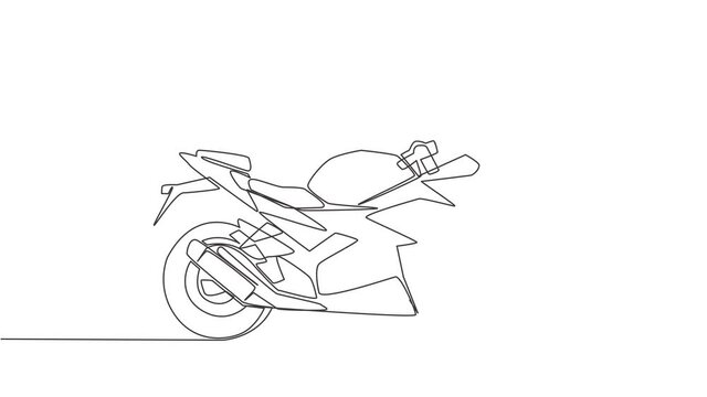 Animated self drawing of one continuous line draw luxury sport motorbike logo. Big motorcycle concept. Full length single line animation illustration.