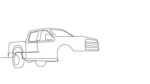 Animated self drawing of continuous line draw luxury tough pickup car. Cargo carrier vehicle transportation concept. Full length one single continuous line animation illustration.