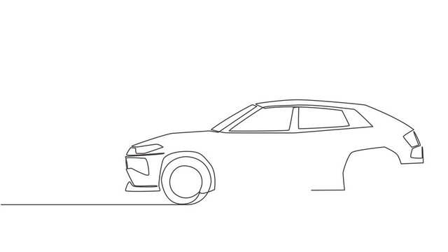 Animated self drawing of continuous line draw tough suv car. Urban city vehicle transportation concept. Full length one single continuous line animation illustration.