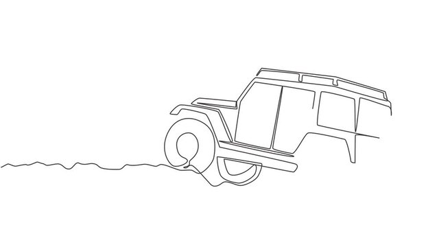 Self drawing animation of single line draw tough 4x4 speed jeep wrangler car. Adventure offroad rally vehicle transportation concept. One continuous line draw. Full length animated illustration.