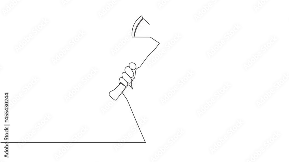 Aufkleber animation of one single line drawing of man holding hand axe. carpenter tools concept. continuous li
