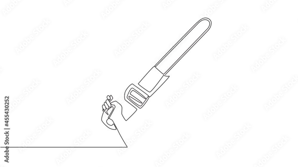 Poster animated self drawing of one continuous line draw man holding chainsaw. woodworker tools concept. fu