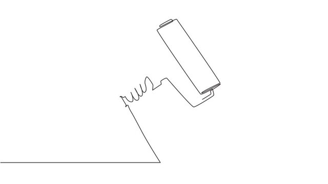 Animated self drawing of single continuous line draw man holding roller painter. Handyman tools concept. Full length one line animation illustration.