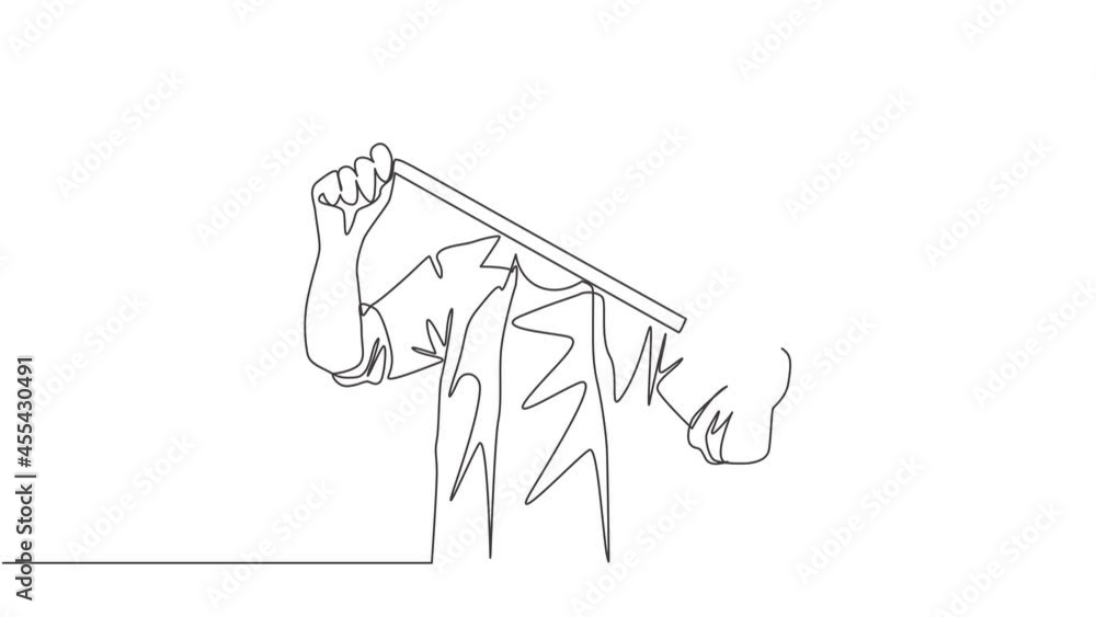 Poster animation of one single line drawing of young attractive handyman holding measurement tape. building