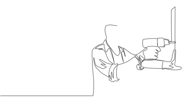 Animated self drawing of one continuous line draw young handsome handyman drilling wooden wall using drill machine. House maintenance service concept. Full length single line animation illustration.