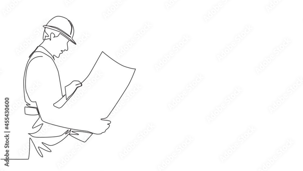 Aufkleber self drawing animation of single line draw young handsome architect holding building sketch design b
