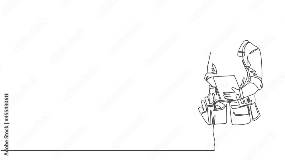 Poster animated self drawing of one continuous line draw workman wear building construction uniform with he