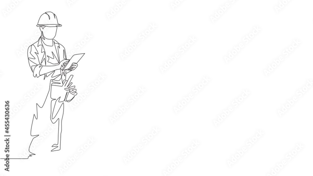 Poster animated self drawing of continuous line draw building foreman controlling workman work at construct