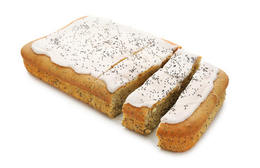 Delicious glazed cake with poppy seeds on white background