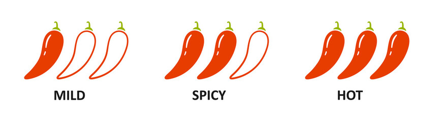 Spice level marks - mild, spicy and hot. Red chili pepper. Chili level icons set. Vector illustration isolated on white background.