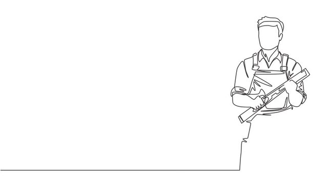 Animated self drawing of single continuous line draw handyman wearing building construction uniform while holding spirit level. Craftsman home repair service concept. Full length one line animation.