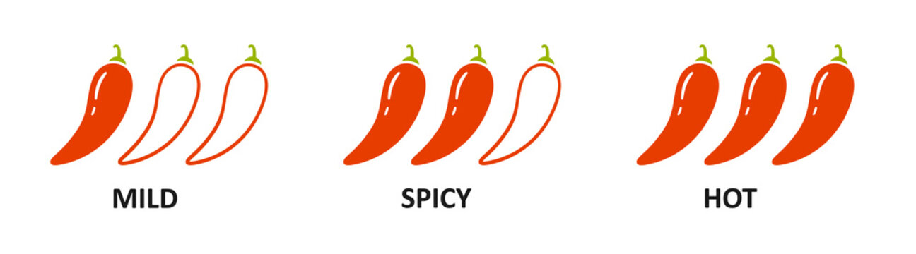Spice level marks - mild, spicy and hot. Red chili pepper. Chili level icons set. Vector illustration isolated on white background.