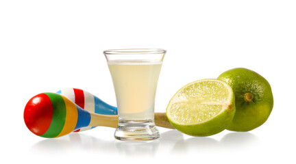 Shot of tasty tequila with lime and maracas on white background