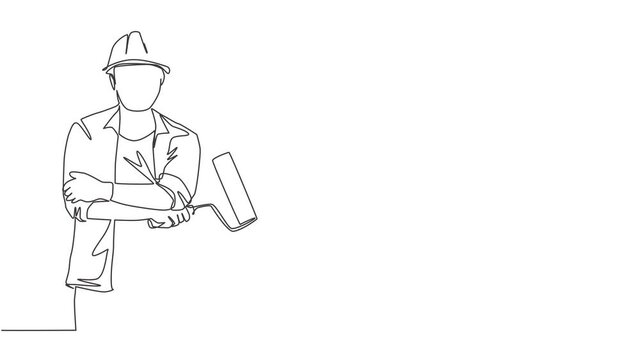 Animated self drawing of continuous line draw young handyman wearing building construction uniform while holding paint roller. Painter wall renovation service concept. Full length one line animation.