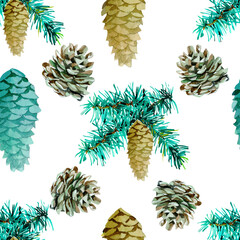 Naklejka premium Spruce branches with cone and pine cones watercolor isolated on white background seamless pattern for all prints.