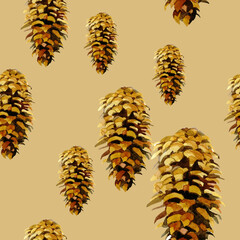 Spruce cones watercolor isolated on beige background seamless pattern for all prints.