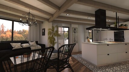 cocina salon comedor de estilo clasico en casa de la sierra 