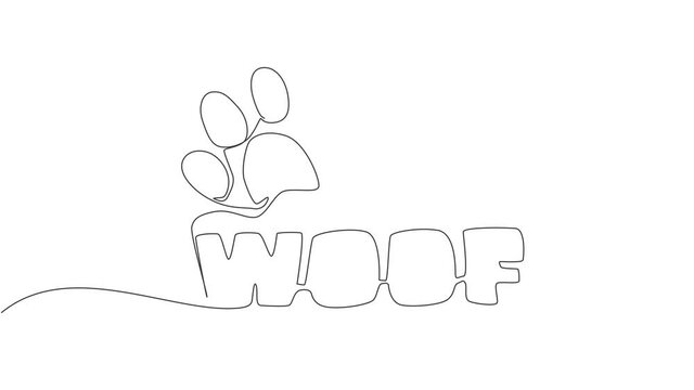 Animated self drawing of continuous line draw cute adorable typography animal pet quote - Woof for puppy dog sound. Calligraphic design for print, card, banner. Full length single line animation.