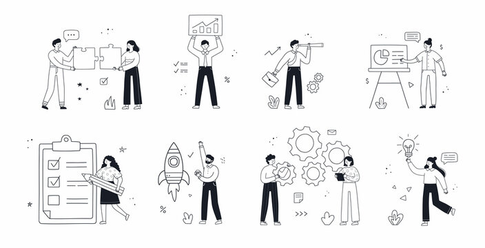 Business concept illustrations set. Collection of scenes with people taking part in business activities. Vector linear doodle style.