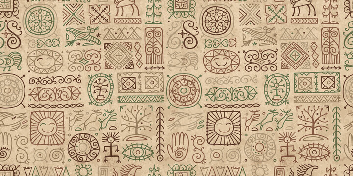 Ethnic handmade ornament, Folk Vintage Symbols. Grunge Seamless Pattern for your design