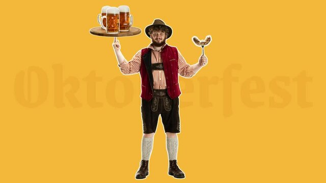 Stop motion design or art animation. Oktoberfest happy man in hat, wearing a traditional Bavarian clothes dancing with beer on color, 4k video animated. Modern, conceptual, contemporary bright collage
