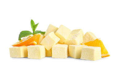 Tasty sweet marshmallows and orange on white background