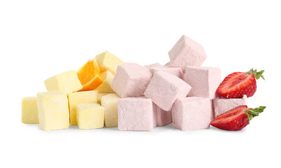 Tasty sweet marshmallows, strawberry and orange on white background