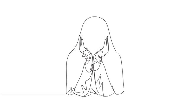 Animated self drawing of continuous line draw young middle east muslimah wearing burqa with headscarf. Traditional beautiful Islamic woman niqab dress concept. Full length single line animation.