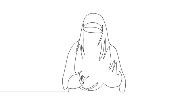 One single line drawing of young attractive Asian muslimah wearing burqa and holding rose flower. Traditional beauty Arabian woman niqab cloth concept continuous line draw design vector illustration