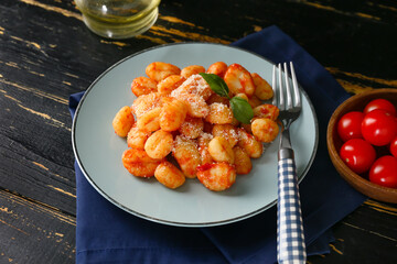 Delicious gnocchi with tomato sauce in plate on dark wooden table