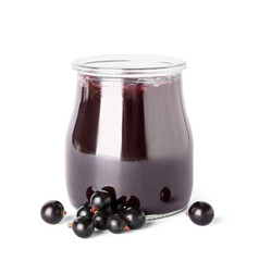 Jar with black currant jam on white background