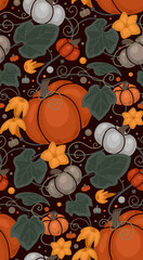 Seamless autumn pattern with pumpkins, foliage and vine curls. Vector flat texture with vegetables and leaves. Warm color wallpaper with garden harvest