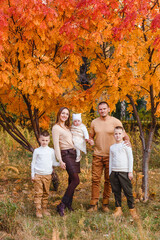 Naklejka na ściany i meble happy beautiful family of five on walk in the autumn against the background of yellow leaves of mountain ash