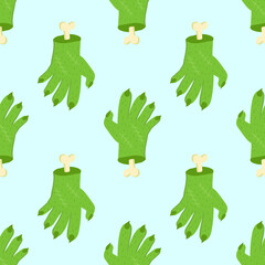 Cute green zombie hand vector halloween seamless pattern on a light blue background