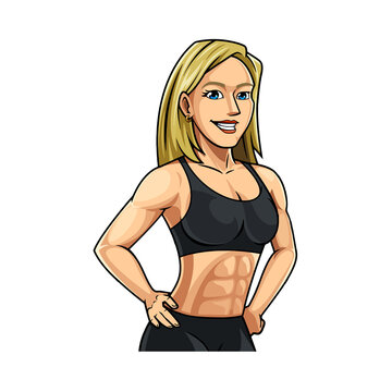 fitness smiling girl muscular body, logo, cartoon, mascot, character